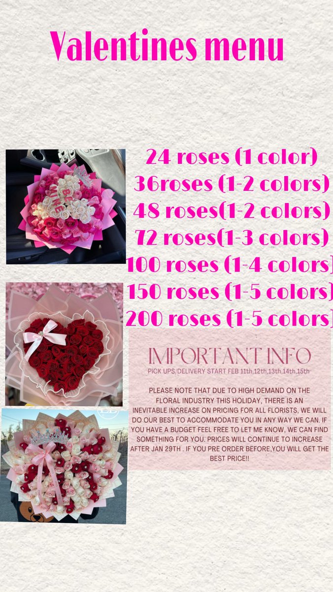 kas_andco's tweet photo. Here is the Valentine’s Day menu If you have any questions, please feel free to message me. We still are doing a Valentine’s Day giveaway but that is going to be posted February 1 gentlemen, don’t forget to order your girl her ramo !🫶🏻 https://t.co/ccdXALNqS3
