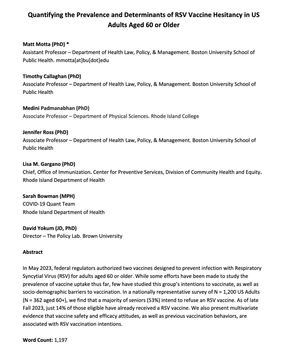 matt_motta's tweet image. NEW from our team at @ThePolicyTweets &amp;amp; RIDOH.

In a nationally rep. svy, just 14% of adults aged 60+ report vaccinating against RSV.

A majority (53%) plan to *refuse* RSV vax. in the future.

Including: @THCallaghan @JenCornacc @david_yokum &amp;amp; more!

osf.io/preprints/soca…
