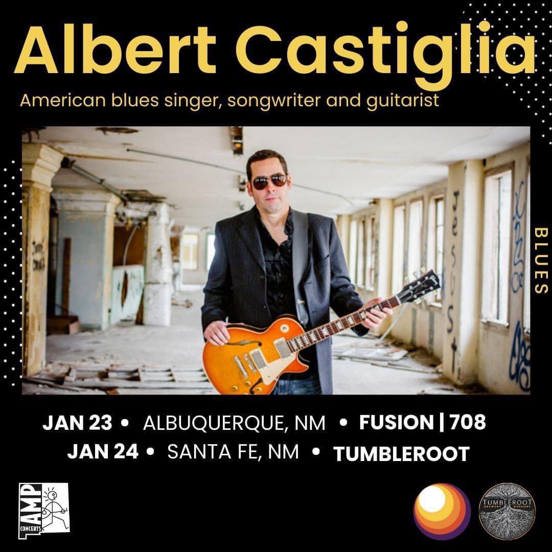 Albert Castiglia will be performing 2 Shows in New Mexico! Where will you be? • 1/23 - ALBUQUERQUE- FUSION ABQ • 1/24 - SANTA FE - Tumbleroot Brewery and Distillery 🎟️ Get your tickets now! ampconcerts.org/tag/Albert%20C… #AlbertCastiglia #BluesLegend #LivePerformance #Fusion708 #AMP
