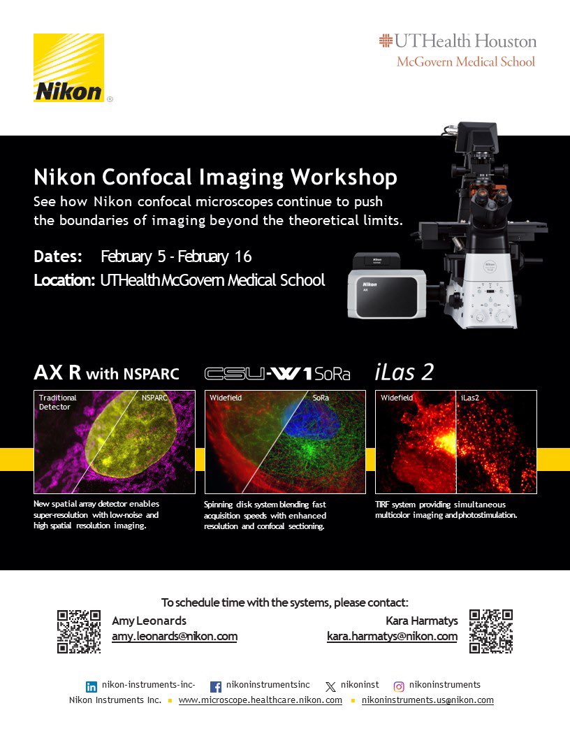 We are hosting a UT x Nikon imaging workshop open to all TMC institutions!

Included systems:

1. AXR NSPARC super-resolution confocal

2. W1 spinning disk confocal with super-res SoRa module

3. iLas2 ring TIRF system

Reach out to your Houston team to schedule a demonstration!