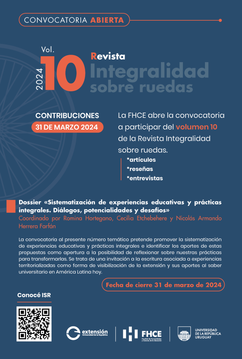 Convocatoria Revista Integralidad sobre ruedas 📚🛼

Hasta el 31/3
✍️Convocatoria para el número «Sistematización de experiencias educativas y prácticas integrales. Diálogos, potencialidades y desafíos»  También para artículos líbres.

💻+Info: cutt.ly/kwJaPkT6