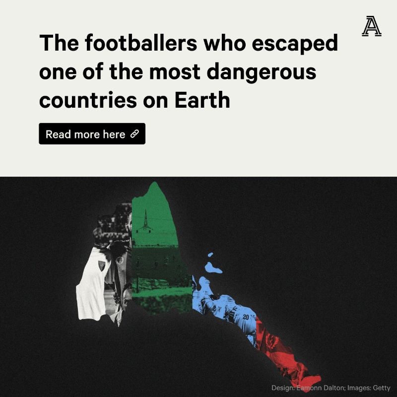 TheAthleticFC's tweet photo. You won't see Eritrea at AFCON.

It is one of the most dangerous countries on earth.

So much so that some footballers have used their national team's away trips as a chance to escape and go into hiding.

This is their incredible story.

⬇️ @Simon_Hughes__