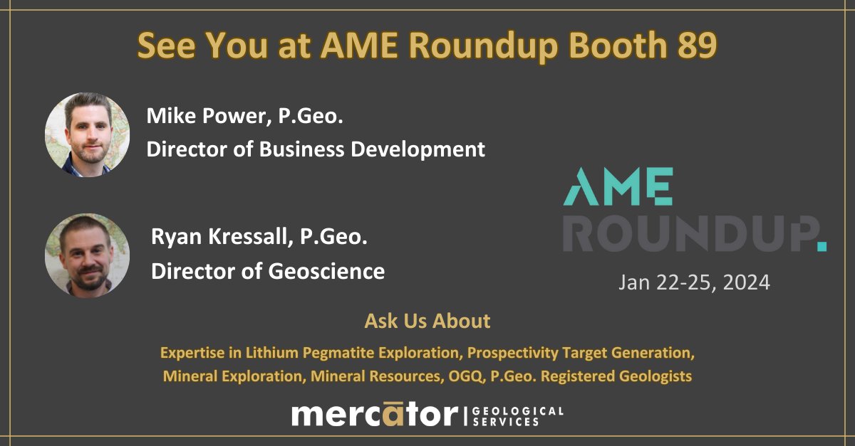 We're looking forward to seeing you at our first-ever 1️⃣ trade show booth <a href="/AMEroundup/">AME Roundup</a> this coming January 24-25 in YVR!🏔

Come chat with our experts about how we use #prospectivity targeting, #mineralresources and field professionals to drive client success. #ameroundup #mining