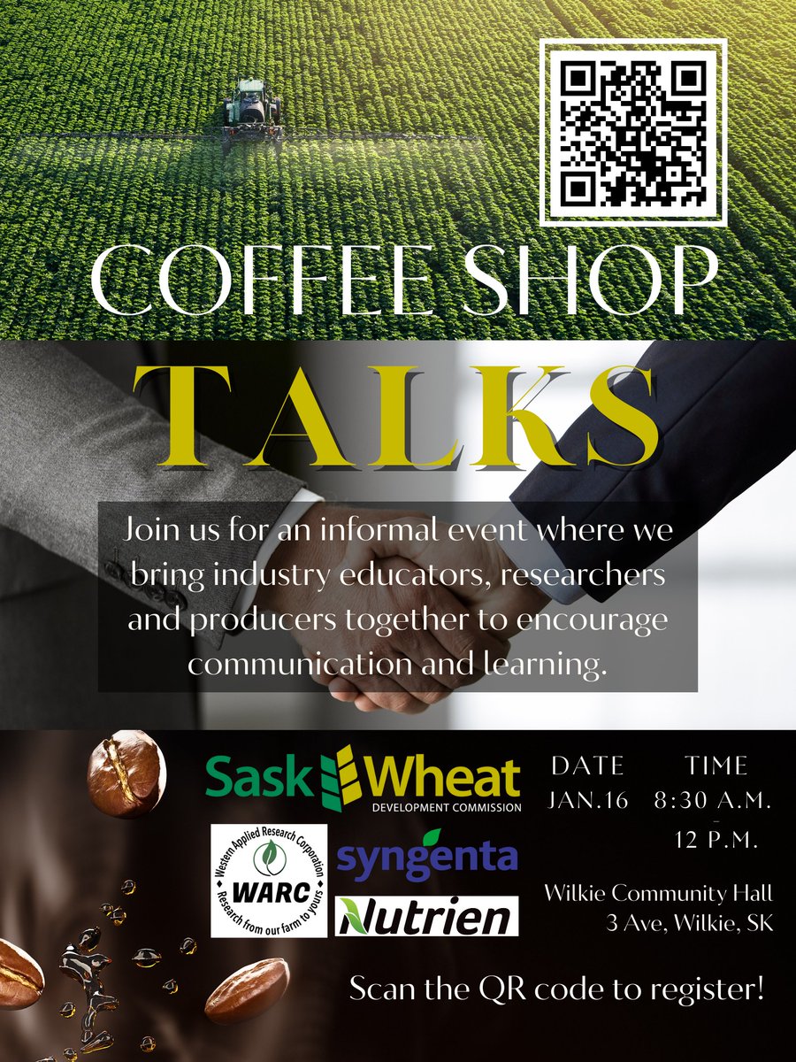 Join us at Coffee Shop Talk Jan 16th at Unity Hall from 8:30am-12pm! Opportunity for producers to sit down and talk to local experts. Experts include James Tansey, Steve Shirtliffe, Carmen Prang, Kayla Slind, Jessica Enns, Adam Carter, and more!