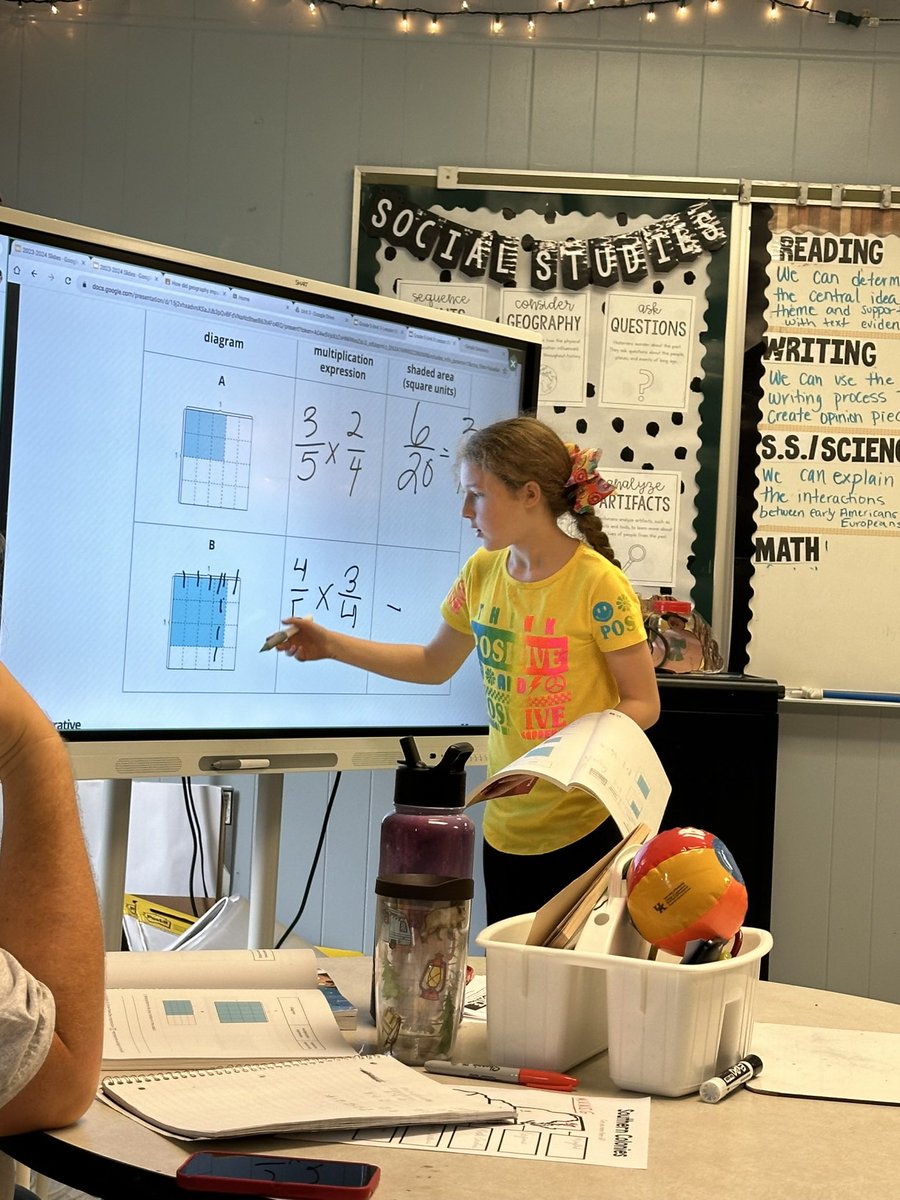 ChristineGindle's tweet photo. Karleigh showing us her strategy and explaining her thoughts on how she’s able to relate a picture to a fraction multiplication expression. We are loving @IllustrateMath https://t.co/6yj1XfPQXm
