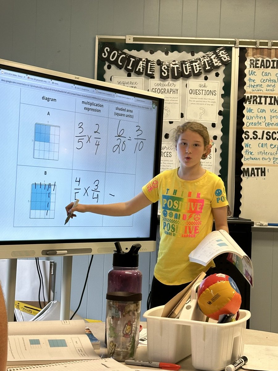 ChristineGindle's tweet photo. Karleigh showing us her strategy and explaining her thoughts on how she’s able to relate a picture to a fraction multiplication expression. We are loving @IllustrateMath https://t.co/6yj1XfPQXm