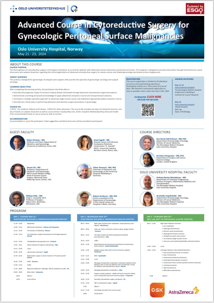 Pernille Bjerre Trent (@bjerretrent) on Twitter photo 📢Welcome to the Advanced course in cytoreduction for #ovariancancer
🔪😷🔥
The Norwegian Radium Hospital <a href="/Oslounivsykehus/">Oslounivsykehus</a>
ℹ️ous-research.no/dgo/
🤩World class faculty
<a href="/agz_eriksson/">Ane Gerda Z Eriksson MD PhD</a> <a href="/zivanovicmd/">Oliver Zivanovic</a> <a href="/zivanovicmd/">Oliver Zivanovic</a> <a href="/annafagottimd/">Anna Fagotti</a>
++++++++ 📢Welcome to the Advanced course in cytoreduction for #ovariancancer
🔪😷🔥
The Norwegian Radium Hospital <a href="/Oslounivsykehus/">Oslounivsykehus</a>
ℹ️ous-research.no/dgo/
🤩World class faculty
<a href="/agz_eriksson/">Ane Gerda Z Eriksson MD PhD</a> <a href="/zivanovicmd/">Oliver Zivanovic</a> <a href="/zivanovicmd/">Oliver Zivanovic</a> <a href="/annafagottimd/">Anna Fagotti</a>
++++++++