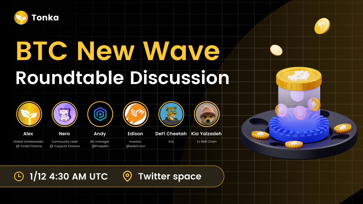 📣 Join us for #TonkaFinance Roundtable on Twitter Space!

🌊 Topic: BTC New Wave 
⏰ Time: 1/12 at 4:30 AM UTC 
🔗 Space Link: x.com/i/spaces/1DXxy…

🎙️ Host: @TonkaFinance 
🎤 Guest Speakers: <a href="/CopycatFinance/">COPYCAT OFFICIAL</a>, <a href="/prosper_ex/">ProsperEx</a>, <a href="/zkEdisonL/">cqfebhnvrtx</a> <a href="/web3dotcom/">web3.com</a>, @defi_cheetah, <a href="/0xKiamehr/">Kia</a>