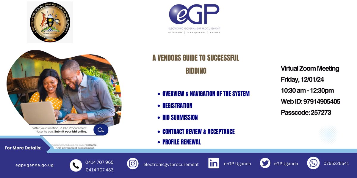 eGPUganda's tweet photo. 🚀 Elevate your bidding game! Join our comprehensive
#egpuganda vendor training to master the art of successful bids on the electronic government procurement system. 💻✨ #Procurementmadeeasy #BidSmarter #GovTech #VendorTraining https://t.co/RhGR1lR5Iz