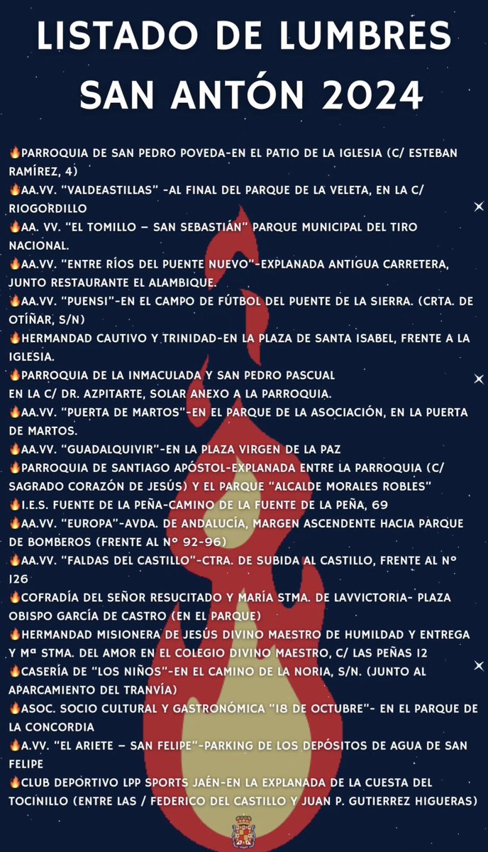 AytoJaen's tweet photo. 🔥Listado lumbres San Antón 2024.

#Jaén https://t.co/y7eGKuoGNE