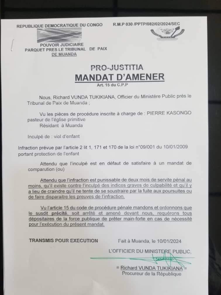 IsralMutombo11's tweet photo. Un mandat d’amener vient d’être émis contre le pasteur Pierre Kasongo, de l’église primitive. 
Communiqué 👇 https://t.co/YxKHPuSe3U