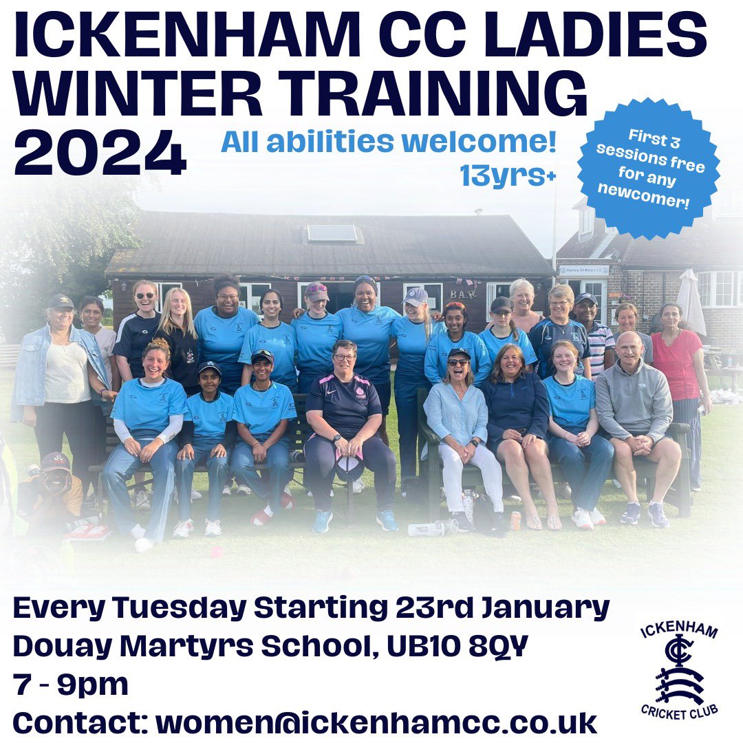 IckenhamLadies's tweet photo. UPDATE: Due to exams at Douay Martyrs training will now start on Tuesday 23rd January!

Winter training is here!

Details in the post above. All abilities welcome, please get in touch if you’d like to come along!

@IckenhamCricket @MiddlesexCB https://t.co/cpeXU36Xf5
