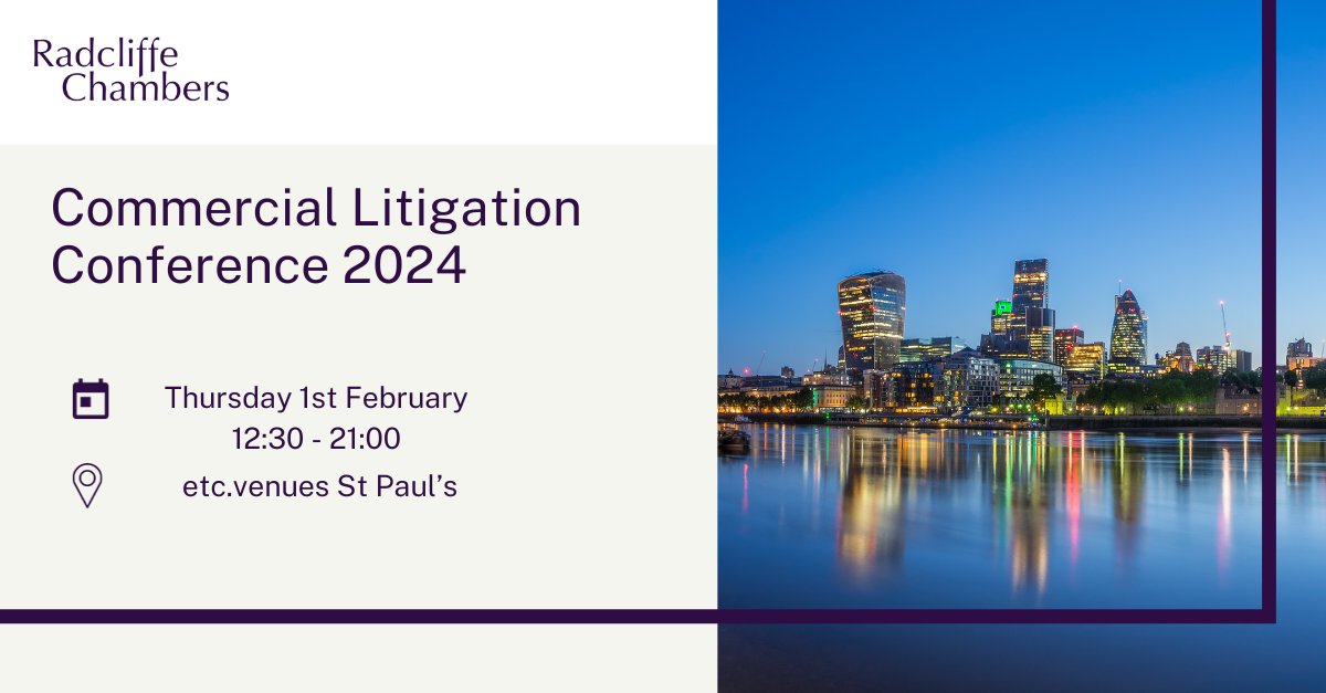 RadcliffeChmbrs's tweet photo. Radcliffe Chambers' Restructuring and Insolvency practice group is proud to present its Restructuring and Insolvency Conference 2023 in this three minute video.

Led by members of Radcliffe Chambers' Restructuring and Insolvency practice group together with industry experts, the conference covered a wide range of pertinent issues and trends faced by the business world today, providing clients and attendees with comprehensive and up-to-date legal information and support.

Watch the video, here: https://t.co/nsVsTsDMNO

Join us at our upcoming conference, Commercial Litigation Conference 2024, on Thursday, 1st February 2024, 12:30 - 21:00 at etc.venues St Paul's.

The ticket price for our conference is £120+ VAT. A 10% discount will be applied to individual firm group purchases of tickets of 5 or more. Tickets can be purchased through our Eventbrite page here: https://t.co/M0EHE8V6YA

For more information and to download the full agenda click here: https://t.co/TFTWqZPmjd

#restructuringplans #insolvencyandbankruptcy #insolvency #cryptoclaims #civilfraud #litigationfunding #sequana