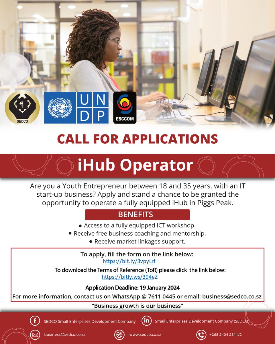 ESCCOM through the Universal Access and Service Fund, has partnered with @SedcoEswatini  and @UNDPEswatini to empower young entrepreneurs through the iHub model. Please share the attached poster which presents an opportunity for such a business in the Pigg’s Peak area.