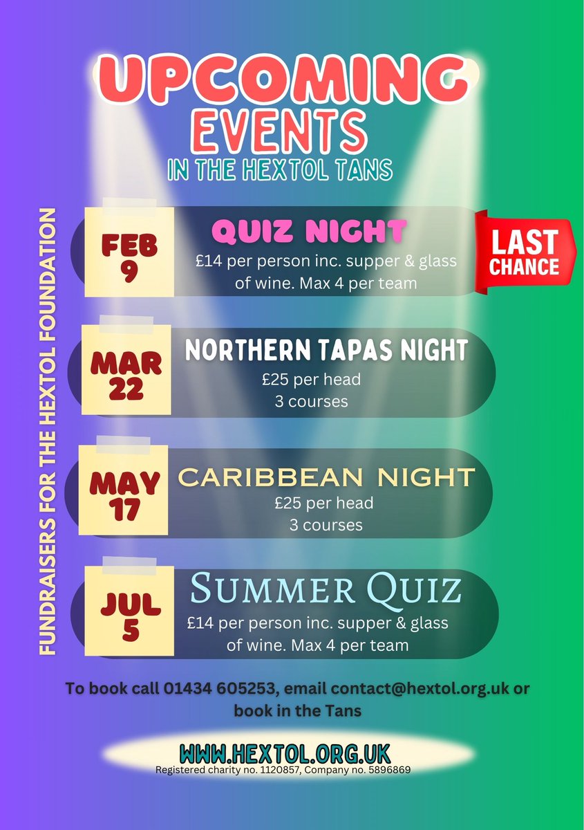 We've got some great events lined up for you lovely lot! Be quick for the February quiz - only 1 table left, and the Northern Tapas night is selling fast! Please call in or ring 01434 605253 / email contact@hextol.org.uk to book on to any of the upcoming events!