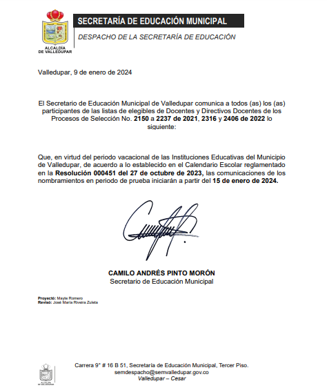 AlcaldiaVpar's tweet photo. La Secretaría de Educación Municipal informa a la comunidad lo siguiente frente al tema de concurso de docentes y directivos de los procesos de selección. https://t.co/eB4mzEYlMn