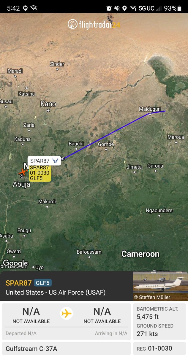 Borrowed7Time's tweet image. USAF C-37A 01-0030 #AE115E as SPAR87 out of N'Djamena, landing in Abuja.
@Nomade_Sahelien
