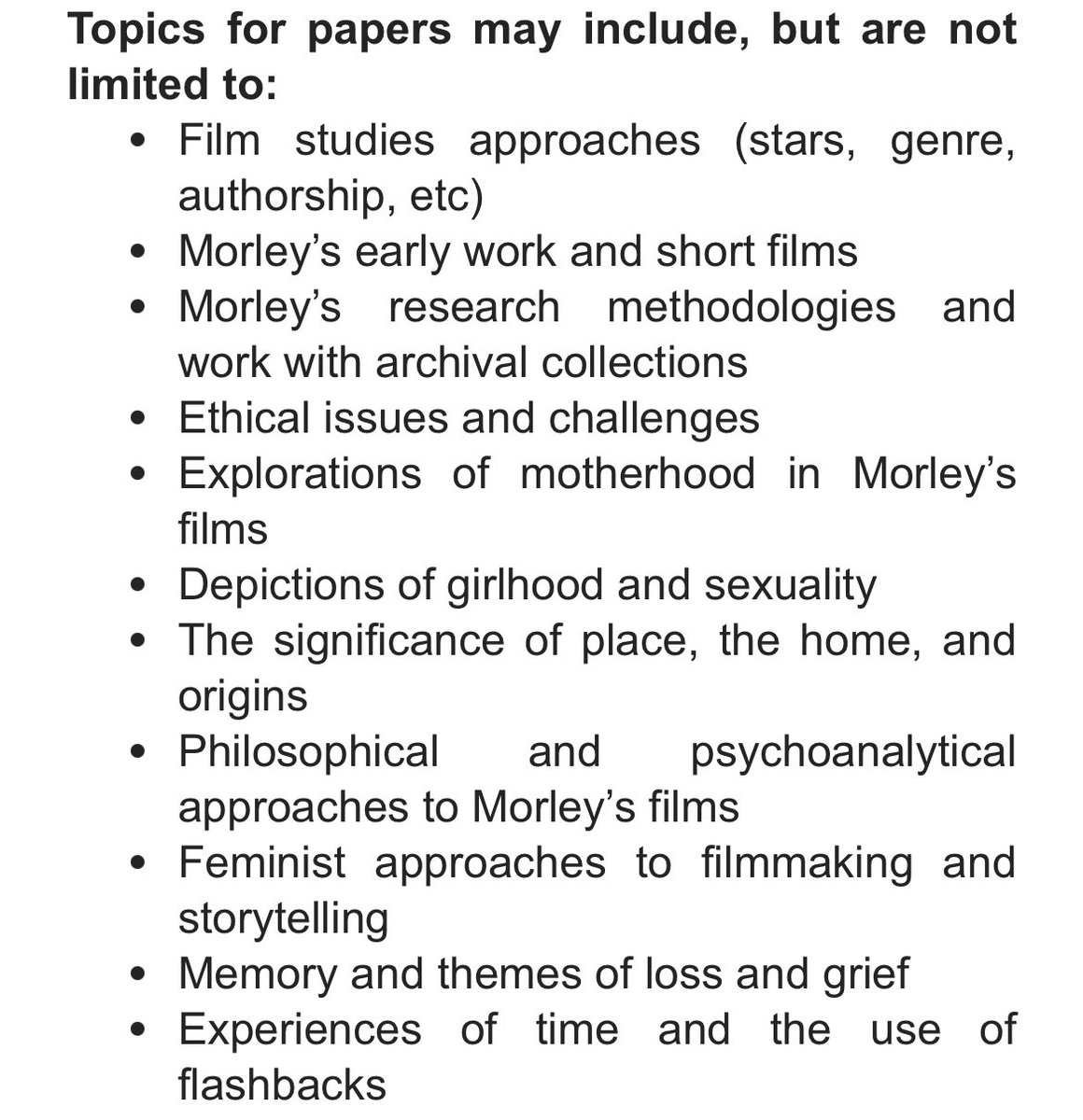CarolMorleyConf's tweet photo. We are very excited to announce that we will be holding a one day symposium on The Work of Carol Morley at @FilmStudiesQMUL on Saturday 2nd March 2024.
Please send abstracts of approximately 250 words to Professor Lucy Bolton & Jade Evans at l.c.bolton@qmul.ac.uk by 31st March. https://t.co/YMiWLUza0n