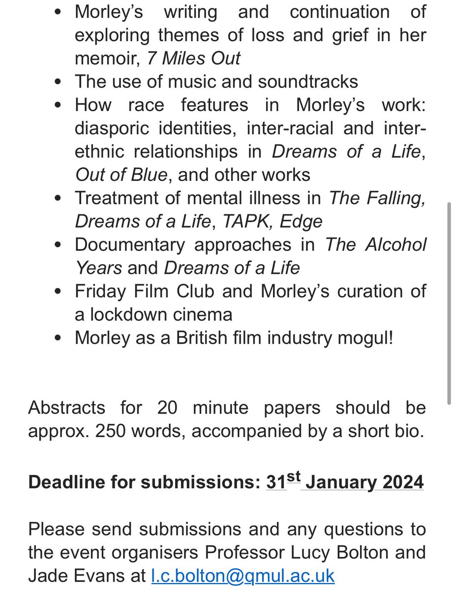 CarolMorleyConf's tweet photo. We are very excited to announce that we will be holding a one day symposium on The Work of Carol Morley at @FilmStudiesQMUL on Saturday 2nd March 2024.
Please send abstracts of approximately 250 words to Professor Lucy Bolton & Jade Evans at l.c.bolton@qmul.ac.uk by 31st March. https://t.co/YMiWLUza0n