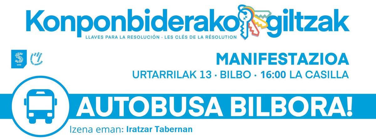 Larunbatean denok Bilbora!
<a href="/SareBillabona/">Sare Amasa-Billabona</a>-k autobusa antolatu du Amasa-Villabonatik: 14:15etan Kiropldegiko geltokian.
Oraindik garaiz zaude Iratzar tabernan izena emateko. Animatu eta zatoz zu ere!
#KonponbiderakoGiltzak #PresoakEtxera