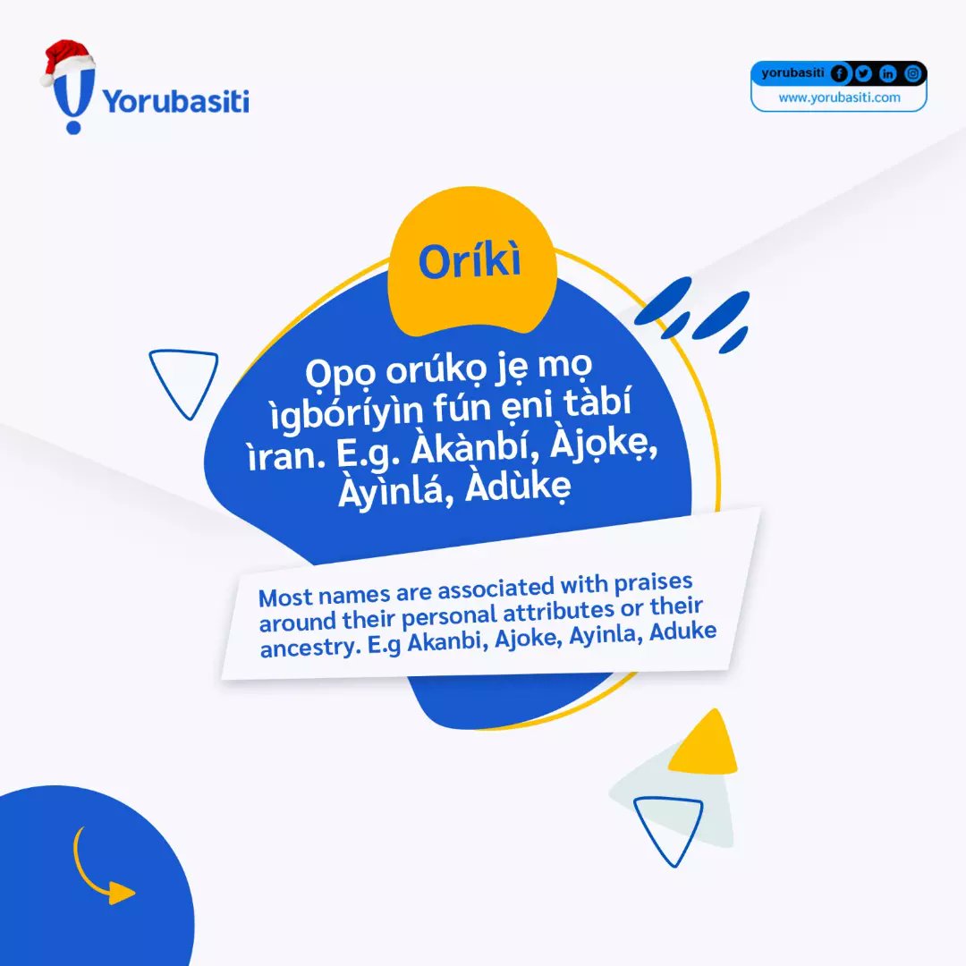 Yorubasiti's tweet image. Yoruba names have powerful meanings, and are in different categories. Under which category is yours ?

Orúkọ Yorùbá ni ìtumọ̀ tó lágbára, wọ́n sì wà ní oríṣiríṣi ìsọ̀rí. Lábẹ́ ìṣọ̀rí wo ni tì ẹ?

#yorubanames #yorubasiti #traditionalnames