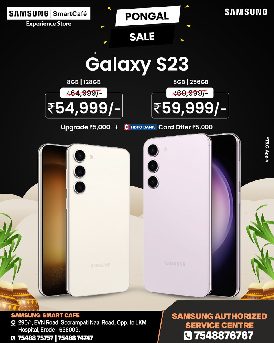 Spreading festive cheer with the Galaxy S23 Pongal Offer! 🌟✨ 
Upgrade your tech game this harvest season and immerse yourself in the joy of cutting-edge technology. 📱🎉
 #GalaxyS23 #PongalOffer #TechHarvest