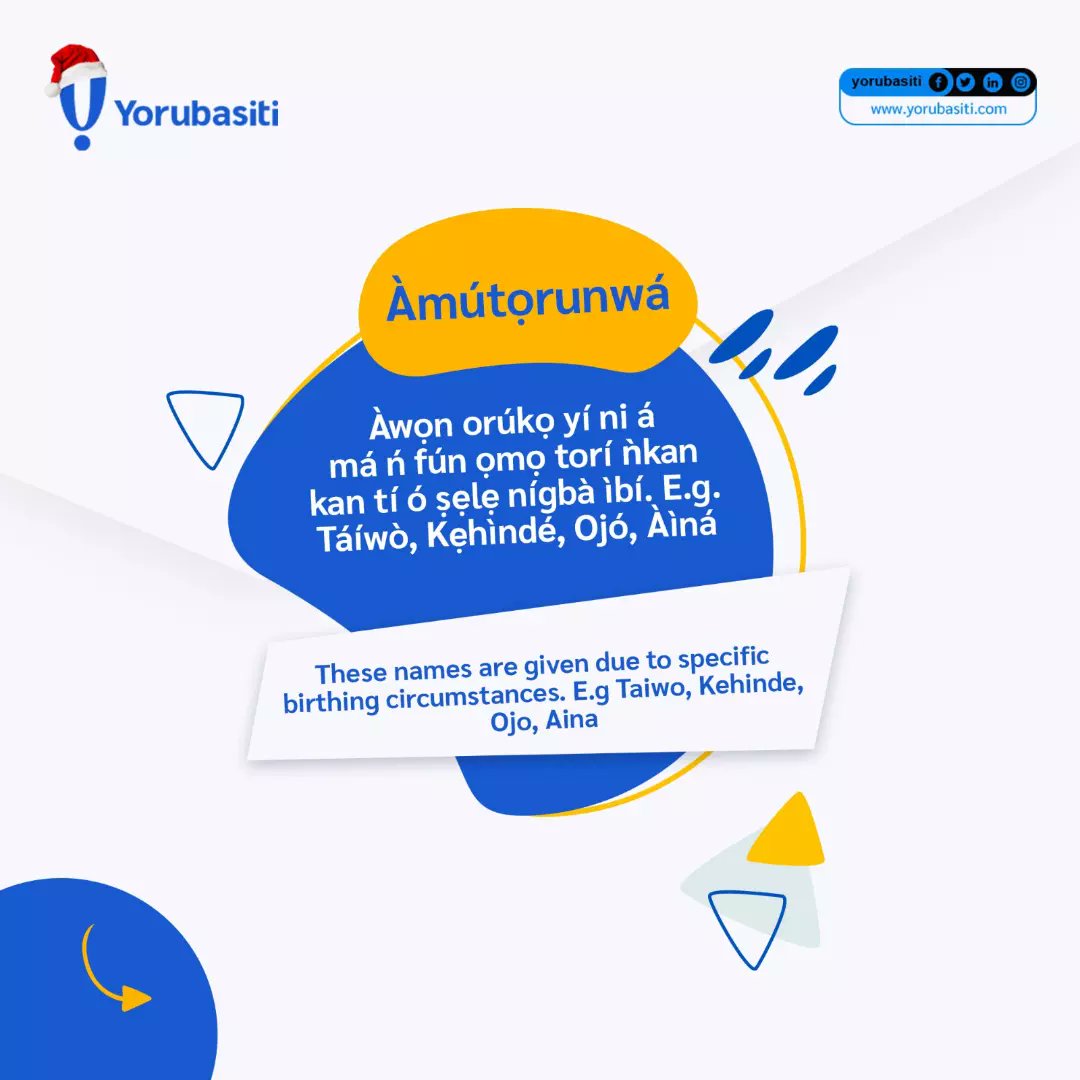 Yorubasiti's tweet image. Yoruba names have powerful meanings, and are in different categories. Under which category is yours ?

Orúkọ Yorùbá ni ìtumọ̀ tó lágbára, wọ́n sì wà ní oríṣiríṣi ìsọ̀rí. Lábẹ́ ìṣọ̀rí wo ni tì ẹ?

#yorubanames #yorubasiti #traditionalnames