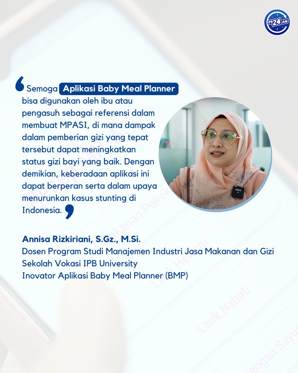 IPB24JAM's tweet photo. Keren banget ya #inovasiIPB satu ini 🤩
Baby Meal Planner (BMP) merupakan aplikasi android yang diciptakan oleh Dosen Program Studi Manajemen Industri Jasa Makanan dan Gizi Sekolah Vokasi IPB University. 🍼🥦
#IPBdigdaya #inovasiIPB #kampusIPB #ipbuniversity #IPB24jam  #DosenIPB https://t.co/05Y24lPjCB
