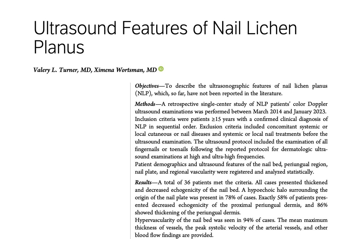 Nail lichen planus (NLP) could be challenging to diagnose and manage. Read the #ultrasound features of #lichenplanus of the #nail and how these signs could differ from #nail #psoriasis and other inflammatory conditions. Link: pubmed.ncbi.nlm.nih.gov/38189552/ @xworts @sonoskin