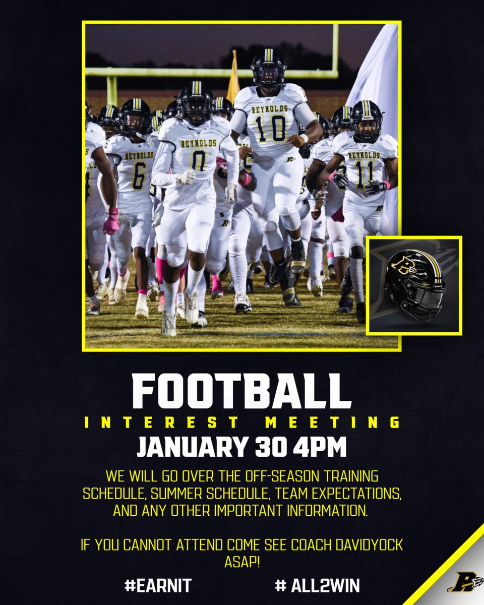 coach_davidyock's tweet photo. 🚨🚨🚨🚨

FOOTBALL INTEREST MEETING JANUARY 30 AFTER SCHOOL IN THE MAIN GYM!

If you cannot make it come see me in the gym.

#EARNIT🔱🔱🔱 #ALL2WIN https://t.co/v1HwPbOJI5