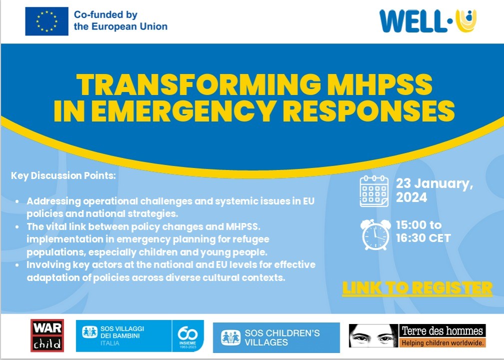sos_children's tweet photo. 📢 Join our webinar on 'Transforming Mental Health and Psycho-Social Support in Emergency Responses'
📅 January 23, 2024
⏰ 15:00 to 16:30 CET

👉 Register here to delve into the complex landscape of
#MHPSS implementation: https://t.co/hGdgmLLZFm https://t.co/6jzUohfmUO