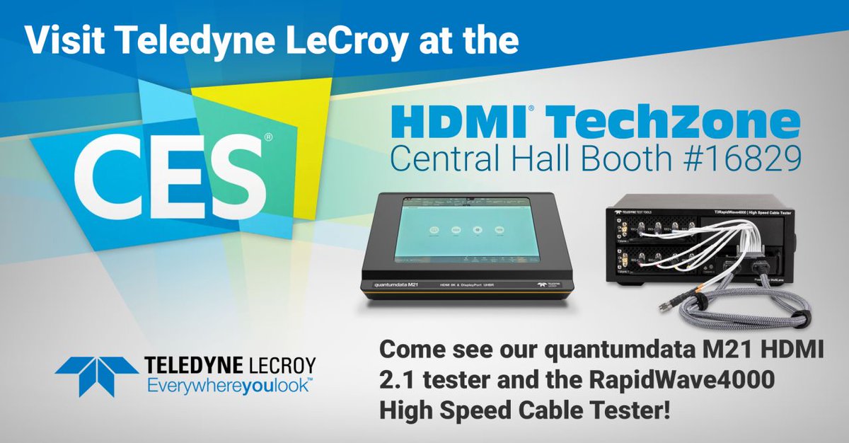 TeledyneLecroy's tweet image. We&apos;re at #CES2024 in the @HDMILicensing  TechZone in Central Hall, booth 16829! See demos on our RapidWave4000 Cable Tester and our quantumdata M41h and M21 HDMI 2.1 Testers! 
 #hdmi #cabletester #analyzer #generator #quantumdata