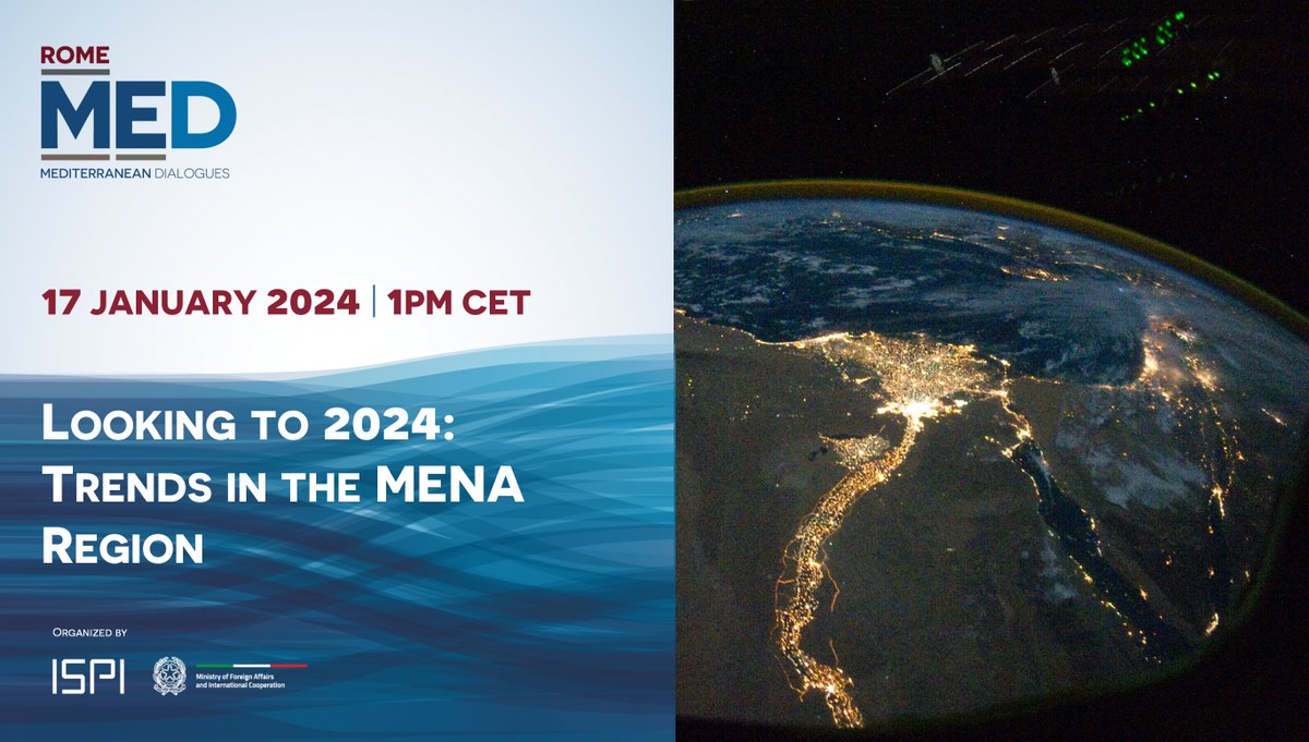 🗓️ Live 17 January, 1-2pm CET
"Looking to 2024: Trends in the #MENA Region"

With: <a href="/AllalHouda/">Houda Ben Jannet</a>, <a href="/OMEorg/">OME</a>; <a href="/FeridBelhaj/">Ferid Belhaj</a>, <a href="/WorldBankMENA/">World Bank MENAAP</a>; <a href="/NRC_Egeland/">Jan Egeland</a>, <a href="/NRC_Norway/">Norwegian Refugee Council</a>; S. Sannino <a href="/EEAS_SecGen/">Belén Martínez Carbonell</a>, <a href="/eu_eeas/">European External Action Service - EEAS 🇪🇺</a>; <a href="/frarocchetti/">Francesco Rocchetti</a>, ISPI

Register here: bit.ly/3HbD8Zg