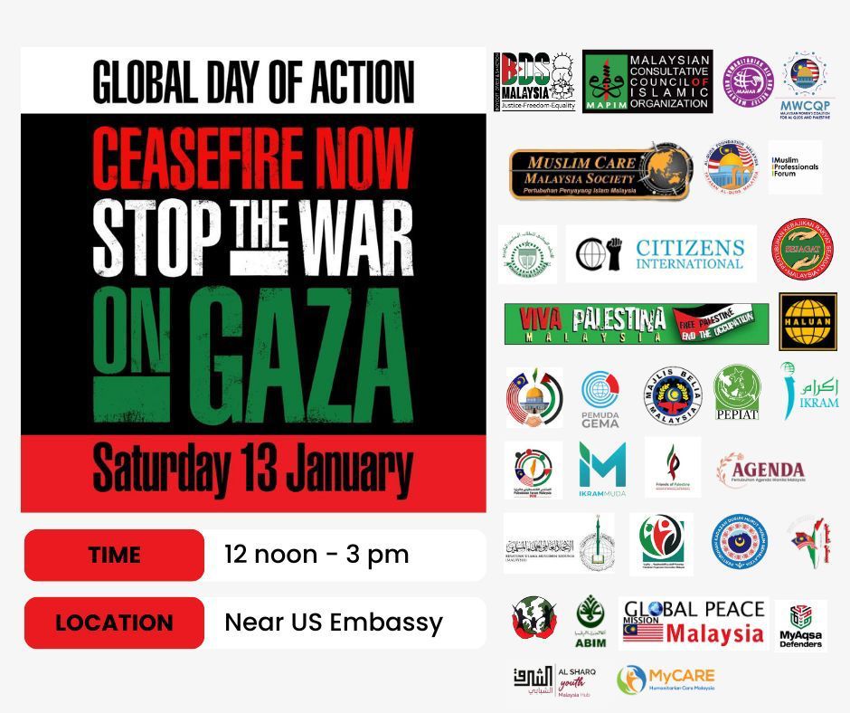 PKPIMalaysia's tweet photo. 13 JAN 2024 - Global Day of Action

Perang genosid Israel ke atas Gaza kini telah mengorbankan lebih 20,000 rakyat Palestin dengan  beribu-ribu lagi masih hilang dan dianggap telah terbunuh di bawah runtuhan rumah mereka sendiri. 

#PalestinWillBeFree https://t.co/tWK5bswZH6