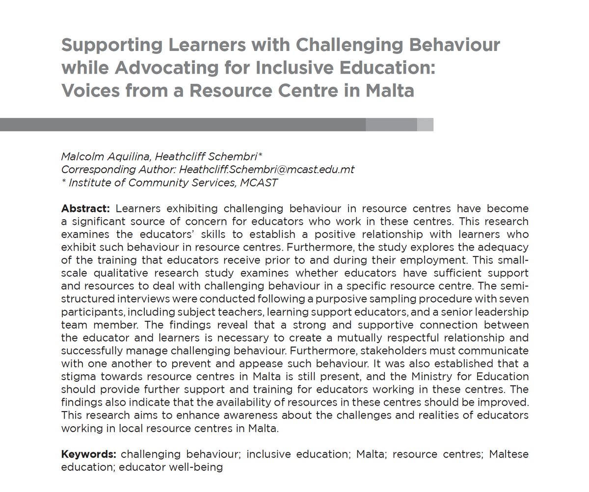 Heath_Schembri's tweet photo. Within the context of #inclusiveeducation, how do #educators working in a resource centre in #Malta support learners who exhibit challenging #behaviour? Our paper has been published in the @MCASTmt Journal of Applied Research &amp; Practice. Read it here: https://t.co/pfziWevUz3 https://t.co/xrgJ3TQeO8