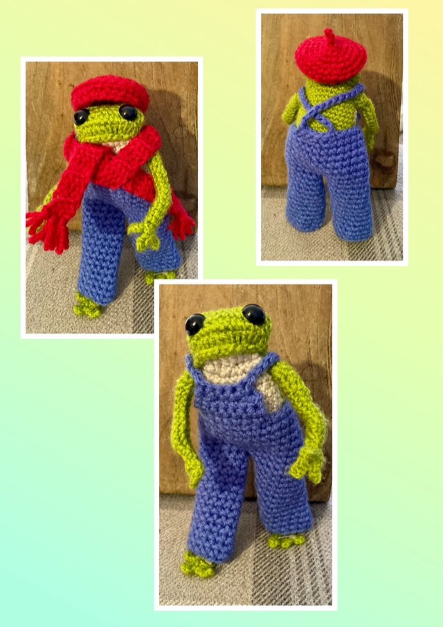 Latest update on Franco Toadington 💚 He now has dungarees, a cosy scarf & matching beret! 😆🐸❤️
