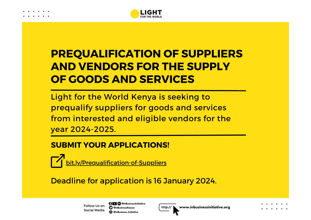 LftWKE's tweet photo. #CallForBids

We are excited to welcome potential suppliers and vendors to partake in our prequalification process for the supply of goods and services for the year 2024-2025.

Find detailed information here⏩https://t.co/nCwUYLsYTh

#DisabilityInclusion #SupplierPrequalification https://t.co/jrs9wwF6Bt