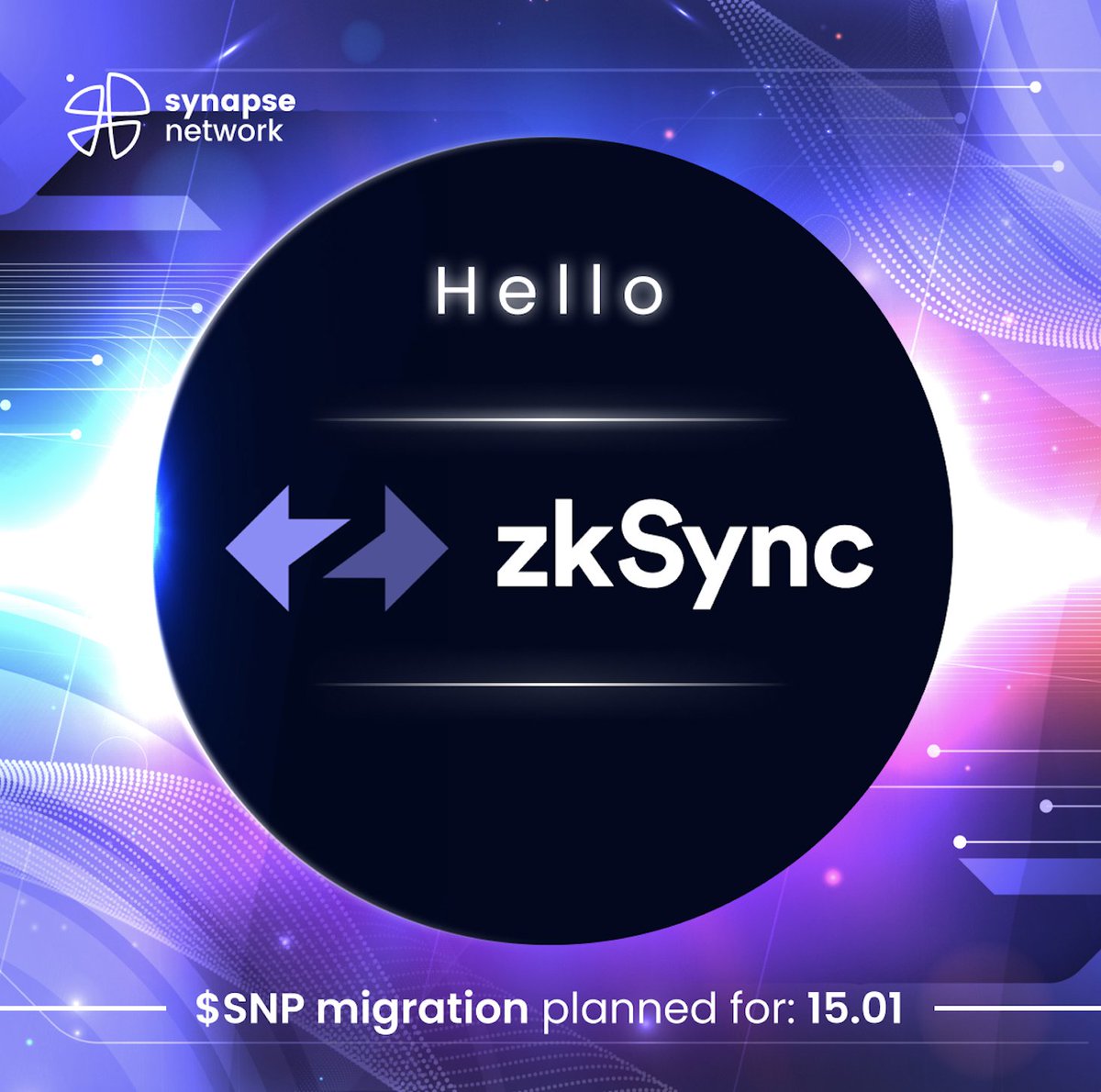 SynapseNetwork_'s tweet photo. Hello @zksync 👋🏻

After strong consideration, the @SynapseNetwork_ team has decided to migrate to @zksync

That's the beginning of our journey to:
▪️ #zeroknowledge
▪️ Layer Zero integration

Bullish time ahead! #layerzero #zk #layer2 https://t.co/hkXMlWgWM1