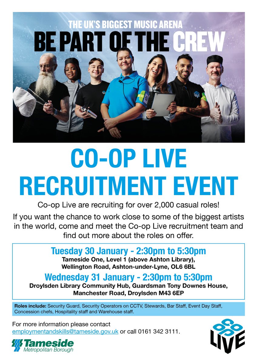 🌟Co-op Live Recruitment Events 🌟

 Come and find out more about the 2000 plus casual roles available at <a href="/TheCoopLive/">Co-op Live</a> arena at one of our recruitment events!   

👉Don't forget to bring your CV! This is your chance to join an amazing team and be part of unforgettable events.