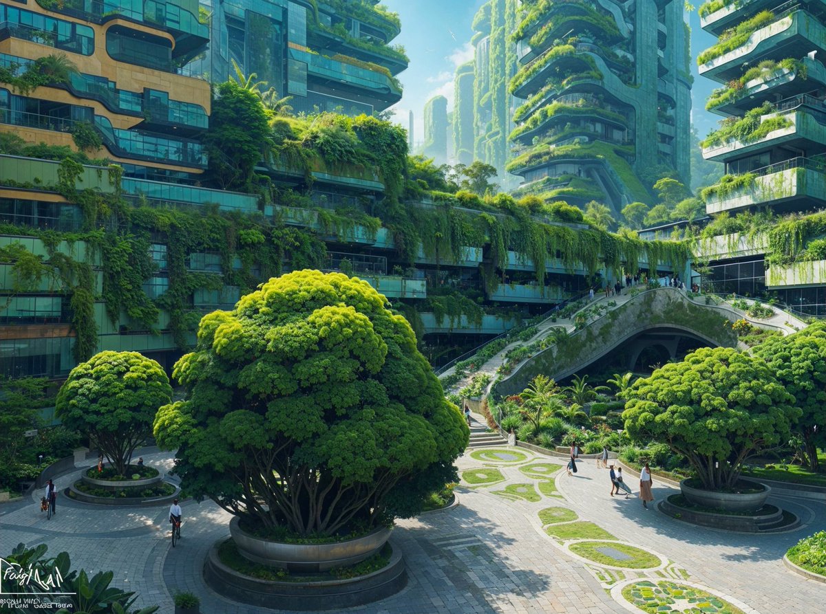 Zæli Plaza #solarpunk #verticalgarden #commons #park #postcapitalism #rewild #livingwall #mozaic #biophilia #future #scifi #worldbuilding #aiart