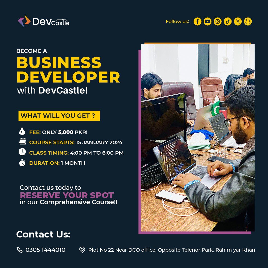 DevCastleX's tweet photo. 𝐁𝐞 𝐚 𝐁𝐮𝐬𝐢𝐧𝐞𝐬𝐬 𝐃𝐞𝐯𝐞𝐥𝐨𝐩𝐞𝐫
With Dev Castle..

💰 Fee: Only 5,000 PKR!
📆 Course Starts: 15 January 2024
⏰ Class Timing: 4:00 PM to 6:00 PM
⏳ Duration: 1 Month

📌 𝐂𝐨𝐧𝐭𝐚𝐜𝐭 𝐮𝐬 𝐭𝐨𝐝𝐚𝐲 𝐭𝐨 𝐫𝐞𝐬𝐞𝐫𝐯𝐞 𝐲𝐨𝐮𝐫 𝐬𝐩𝐨𝐭 in our course https://t.co/6uVJMruawp