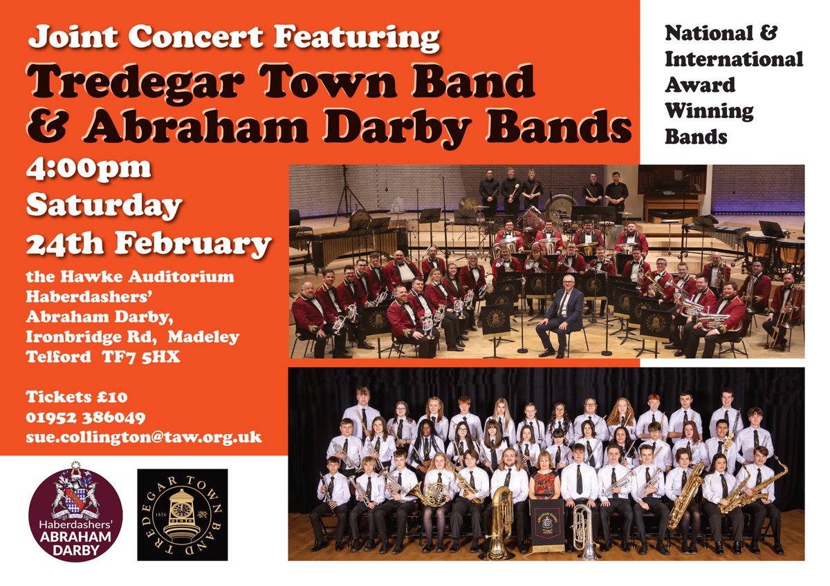 🎟️ ABRAHAM DARBY 🎟️ On 24th February, we will be giving a joint concert with the bands of @HabAbrahamDarby, in the school’s Hawke Auditorium! 🗓️ 24th February ⏰ 4pm 📍 Hawke Auditorium, Haberdashers’ Abraham Darby School 🎟️ £10 - please see poster for how to book