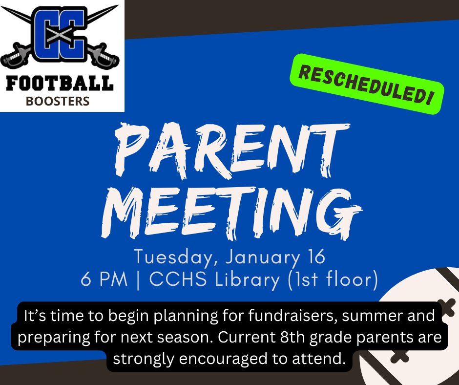 The parent meeting has been rescheduled for next Tuesday, January 16 at 6 p.m. in the library. We hope to see you there!