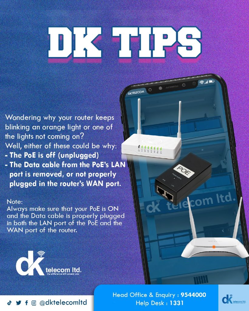 DKtelecomLtd's tweet photo. DK TIPSπ
One of the reasons your connection might be slow is because your router is not properly connected.
Here are some #DKTips to help!
#DKTelecom #Gambia #ISP #InternetForAll https://t.co/9LSqagjMQY