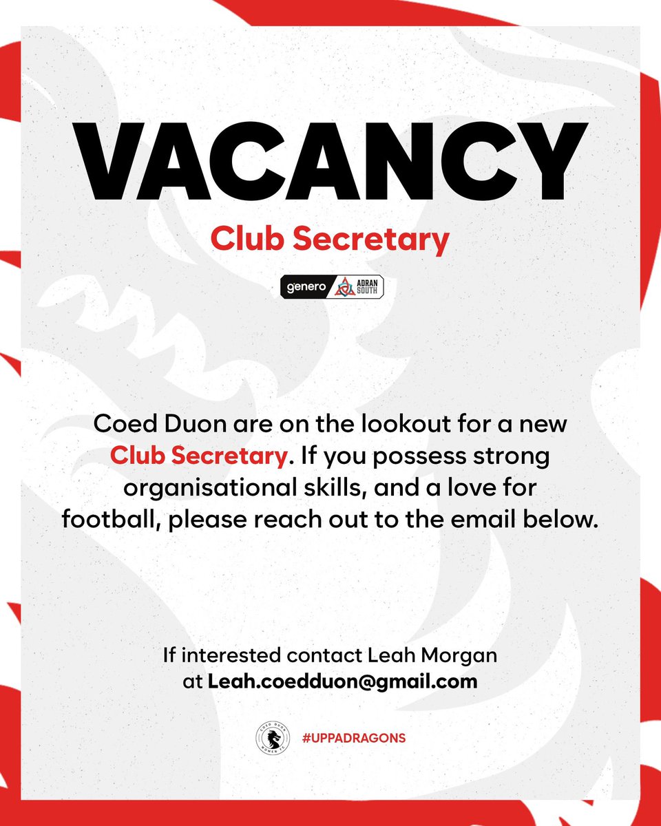 👤 | Club Secretary Needed! We are looking for a Club Secretary to join our team at Coed Duon. Organisational skills are a must, if you feel you’d fit this role, don’t hesitate to get in touch! 💬 | Drop us a message #uppadragons🔴⚫️🐉⚽️