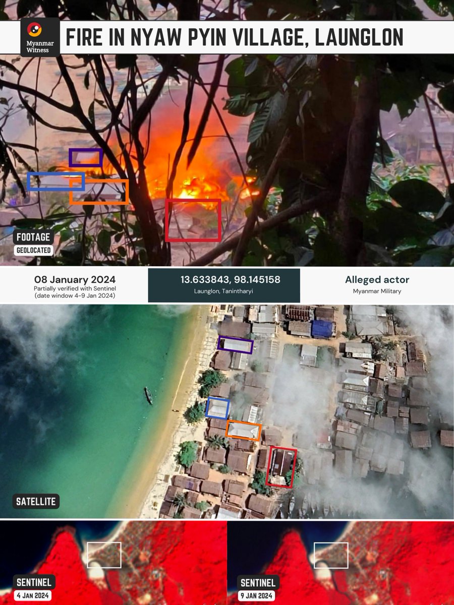 MyanmarWitness's tweet photo. 🔥 Fire in Nyaw Pyin village
☑️ Launglon, Tanintharyi
☑️ 13.633843, 98.145158
☑️ 8 Jan 2024

SAC troops reportedly burnt down houses in Nyaw Pyin village, Launglon township, on 8 January 2024.

Myanmar Witness investigators geolocated the images circulating online using satellite imagery and Sentinel.

Multiple houses were also burnt down in Nyaw Pyin village on 21 March 2023 as verified by Myanmar Witness here: https://t.co/Oe0hMmh5Tr

Sources
https://t.co/xUxjcpoRFt

https://t.co/HCPXIXj60q

Sentinel
4 Jan 2024 https://t.co/Qilczq7wUn 

9 Jan 2024 https://t.co/2QHRc111jX

#WhatsHappeningInMyanmar