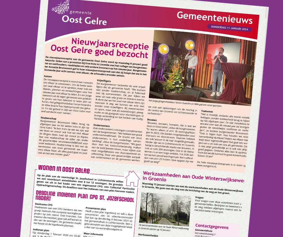 Deze week in het gemeentenieuws: Nieuwjaarsreceptie Oost Gelre goed bezocht | Werkzaamheden aan Oude Winterswijkseweg in Groenlo | Deadline indienen plan CPO St. Jozefschool nadert | Starterslening voor aankoop eerste woning.

🗞️ Lees de artikelen op oostgelre.nl/nieuws.
