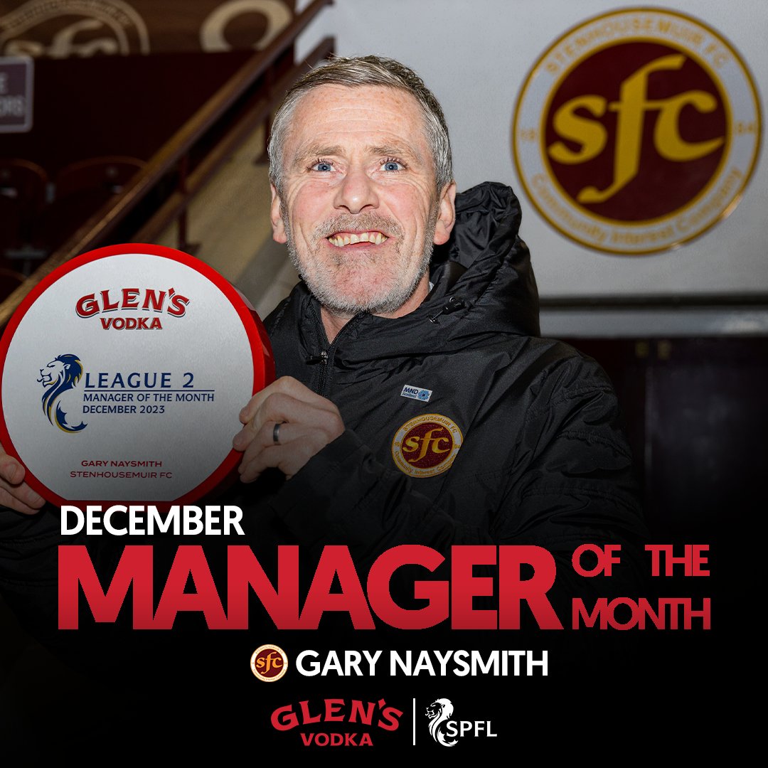 Congratulations to @StenhousemuirFC's Gary Naysmith, @GlensVodkaLLG League 2 Manager of the Month for December! 🏆 📸 Raymond Davies Photography