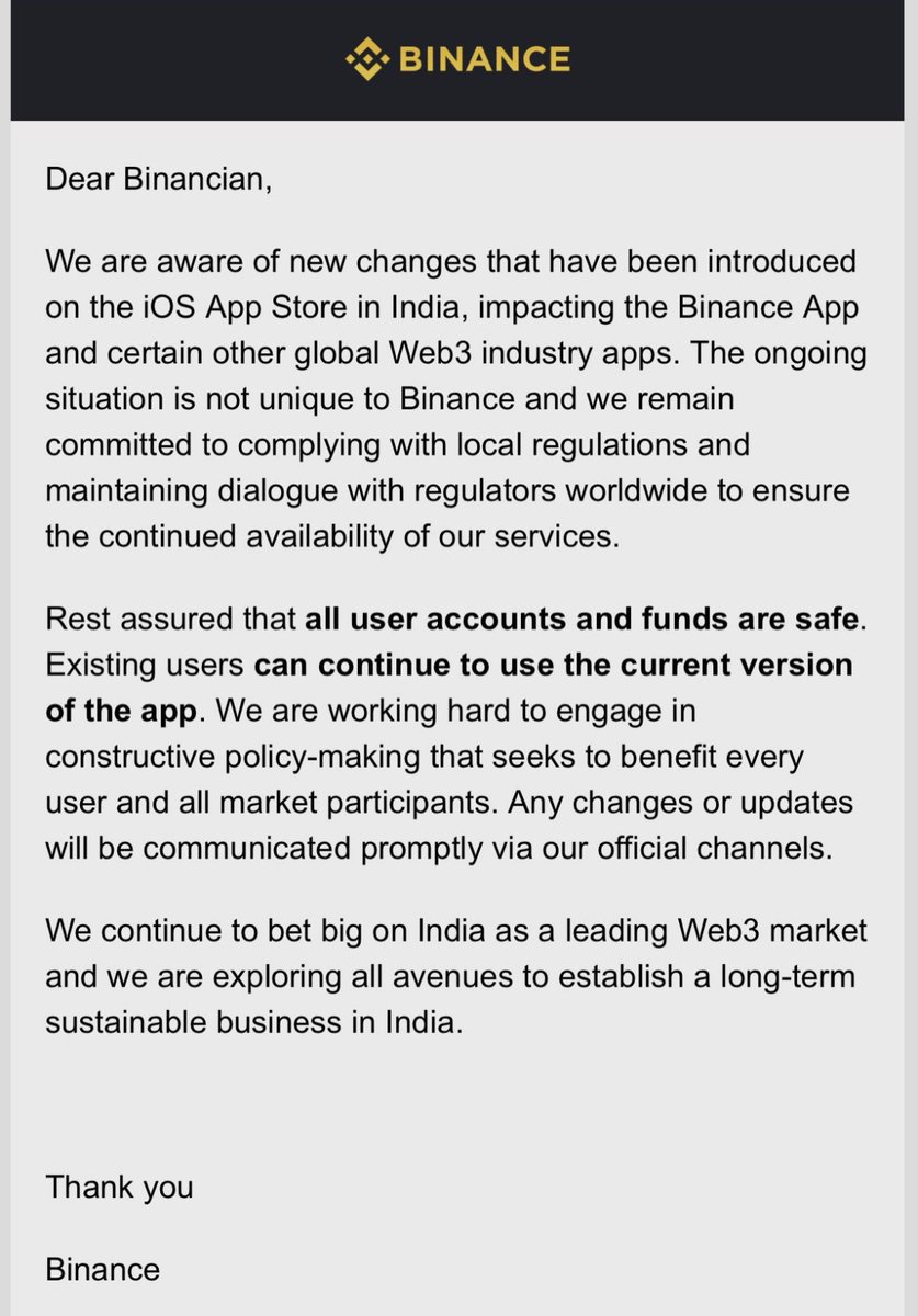 Just in - BINANCE sent out official email regarding FIU notice & BINANCE app  removal from iOS store in India.
