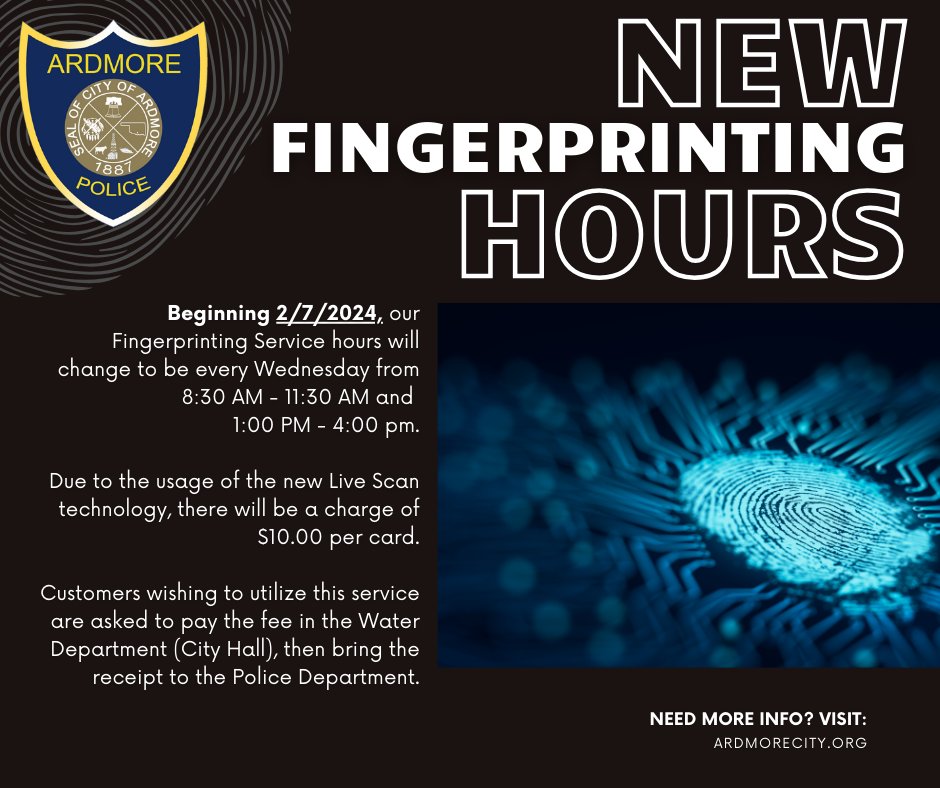 ardmorepd's tweet photo. Hours are changing for our Fingerprinting Service - here's what's changing! https://t.co/WPkHWhYECZ